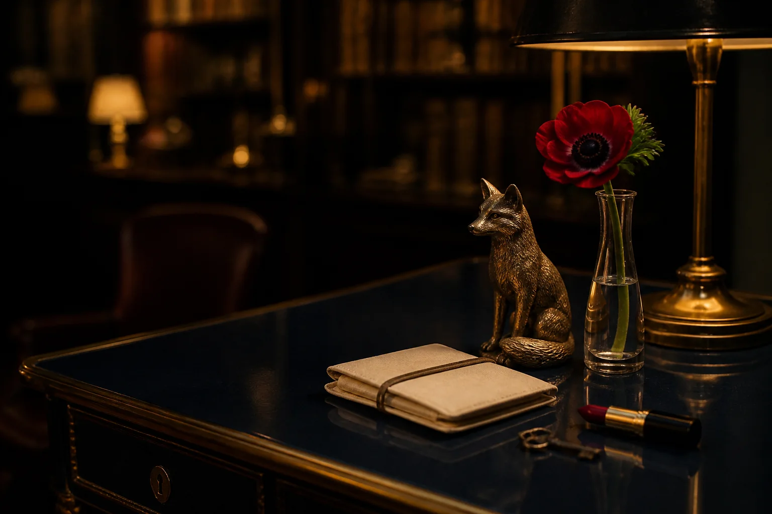 Brass fox figurine, field notebook, vintage key, lipstick and red flower on a dark blue desk
